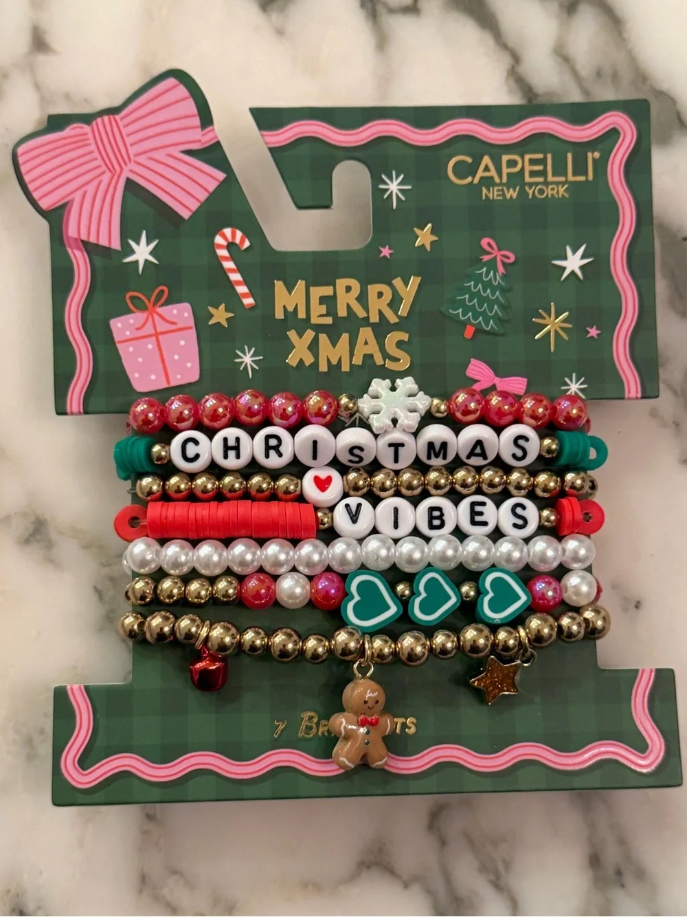 NWT Capelli New York Christmas Vibes 7pc Beaded Stretch Bracelet Set Holiday